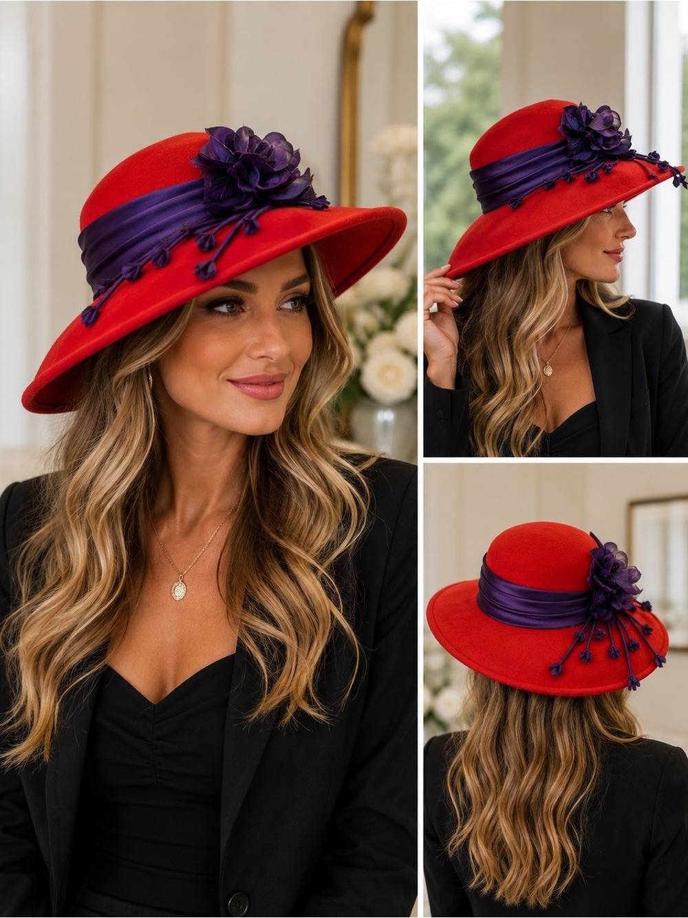 Temptation Italy Red Wool Felt Wide Brim Floral Dress Hat Purple Accent Elegant